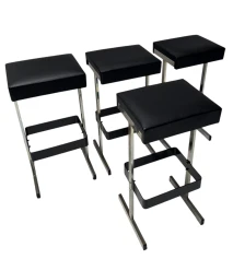 Four Mid-Century Modern Bar Stools with Black Leather Seats, 1970s
